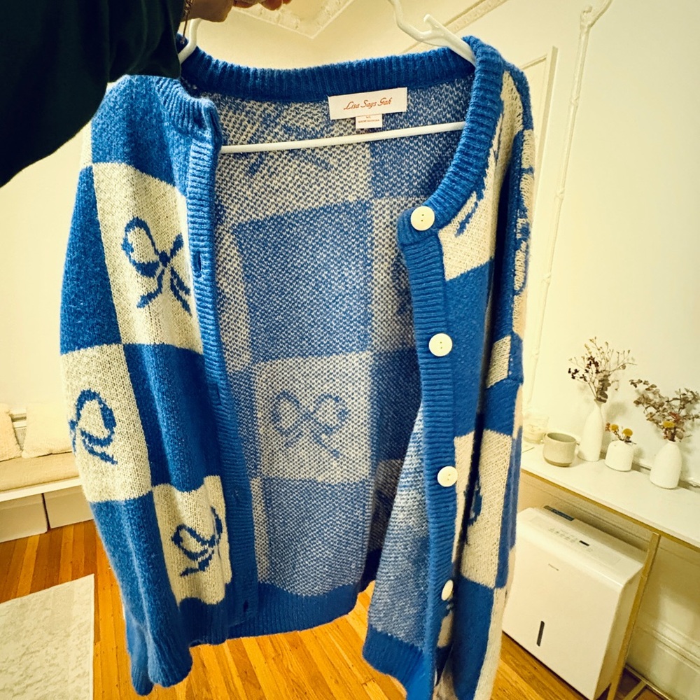 NWOT: Lisa Says Gah Blue and Cream Checkered Cardigan - Picture 2 of 14